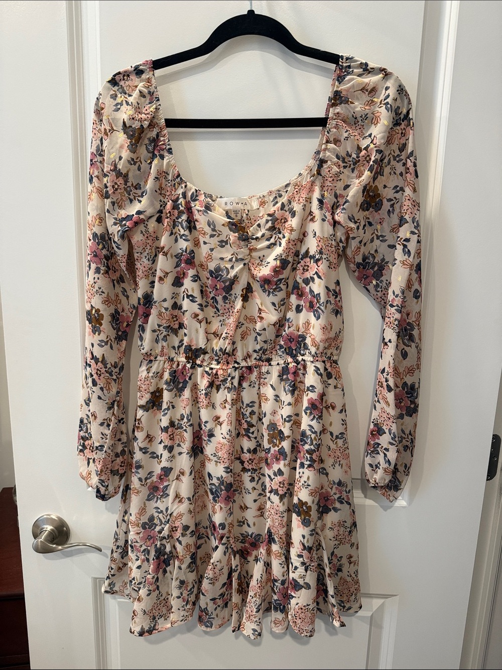 Romantic Floral Long-Sleeve Mini Dress - Cream with Pink & Navy Accents